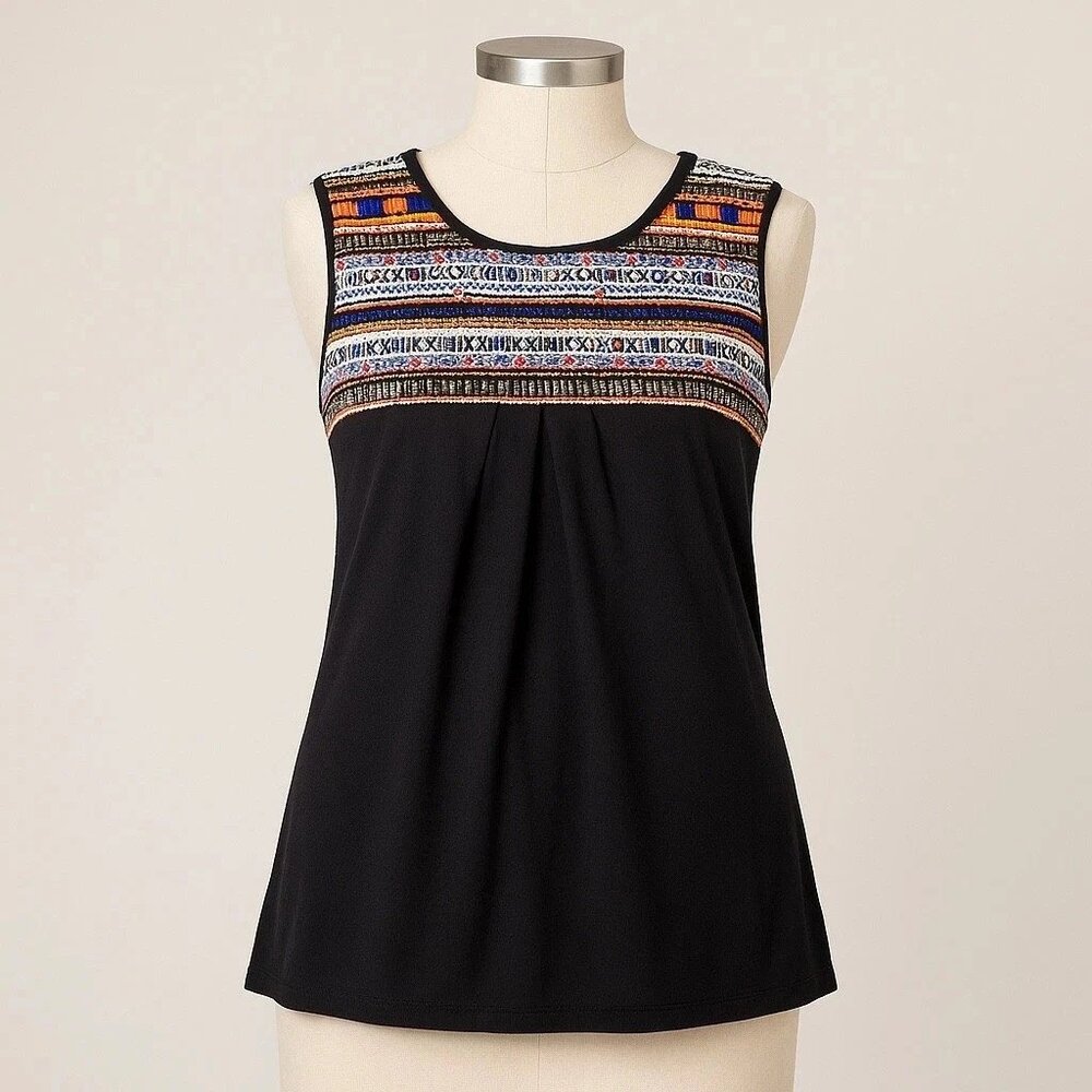Anthropologie Akemi + Kin Tula Black Bead Embroidered Sleeveless Babydoll Top S